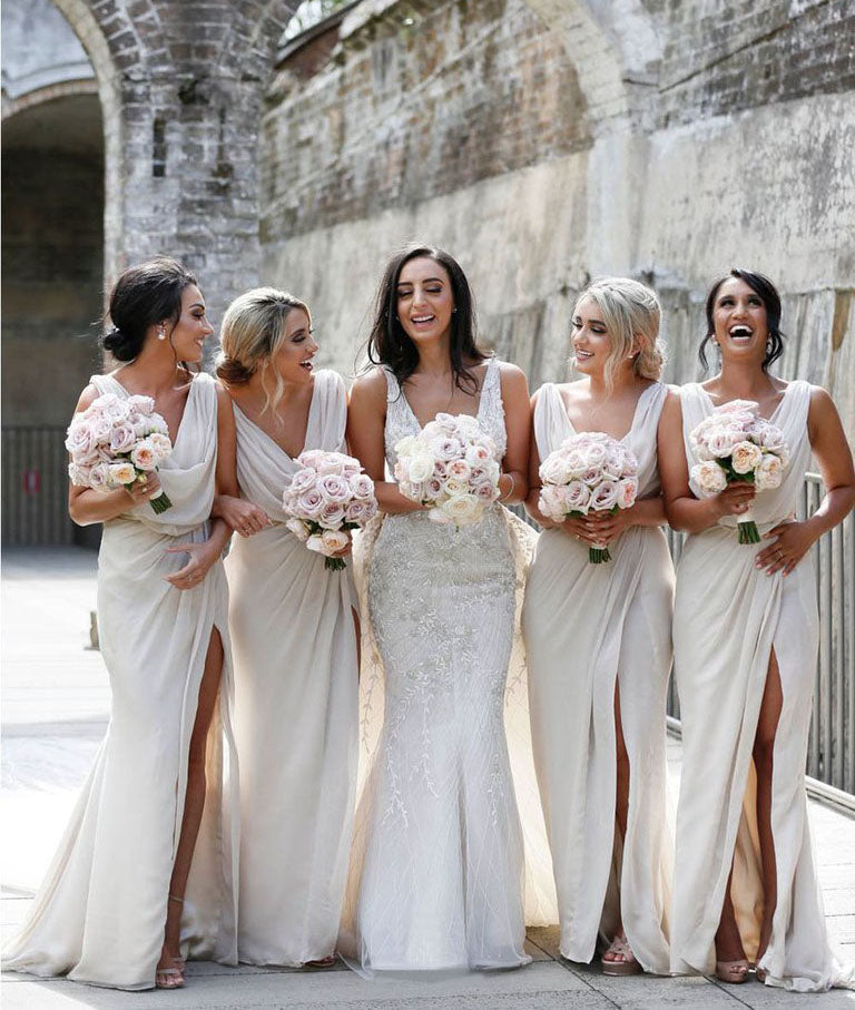 Full Length Luxe Chiffon Long Champagne bridesmaid dresses Montreal with Sexy High Slit and Front Ruffles
