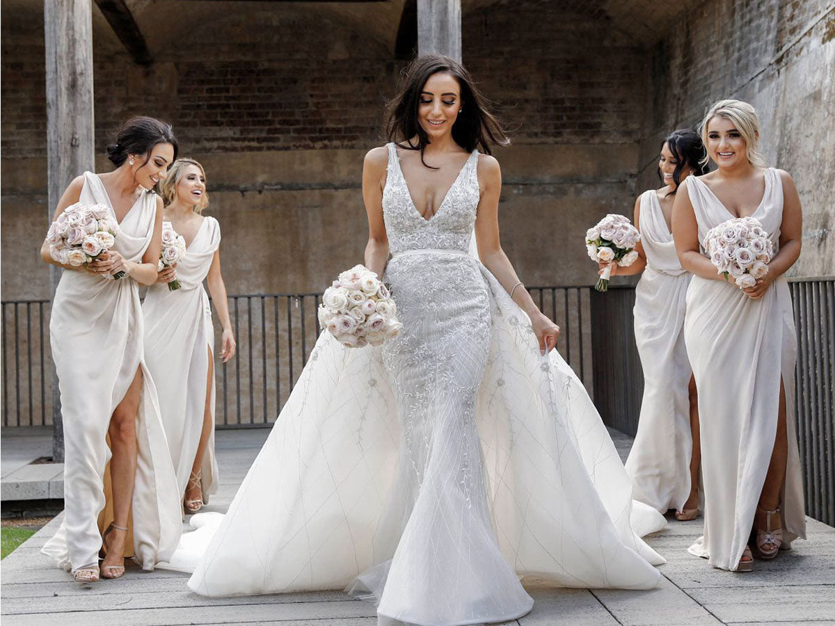 Full Length Luxe Chiffon Long Champagne bridesmaid dresses Montreal with Sexy High Slit and Front Ruffles