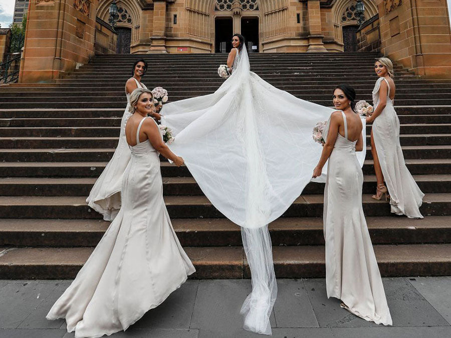 Full Length Luxe Chiffon Long Champagne bridesmaid dresses Montreal with Sexy High Slit and Front Ruffles