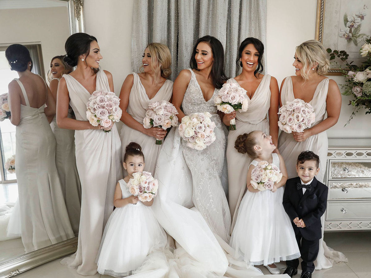 Full Length Luxe Chiffon Long Champagne bridesmaid dresses Montreal with Sexy High Slit and Front Ruffles