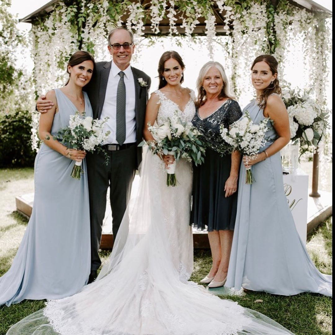 Dusty Blue Full Length Luxe Chiffon Long Champagne bridesmaid dresses Montreal with Sexy High Slit and Front Ruffles