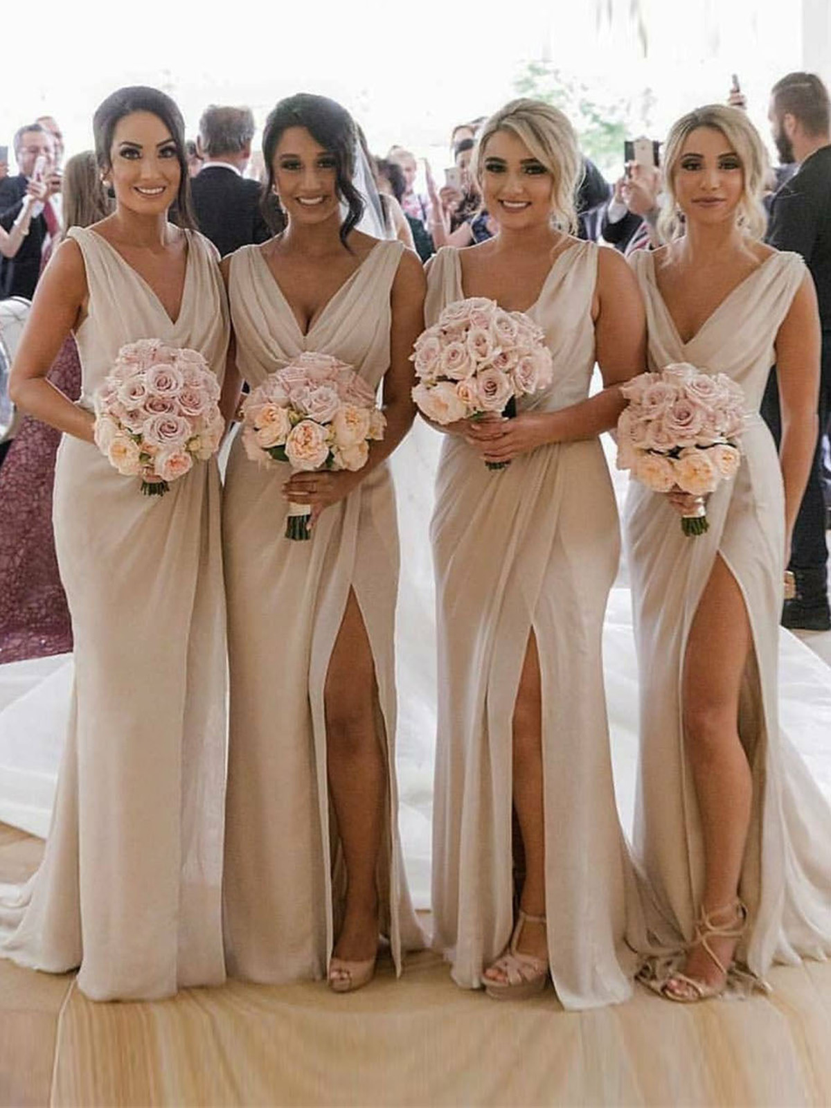 Champagne Full Length Luxe Chiffon Long Champagne bridesmaid dresses Montreal with Sexy High Slit and Front Ruffles